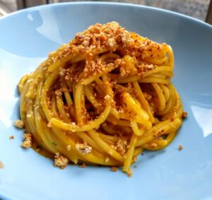 Spaghetti con crema di zucca e colatura di alici