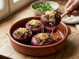 cipolle ripiene di carne macinata e formaggio filante