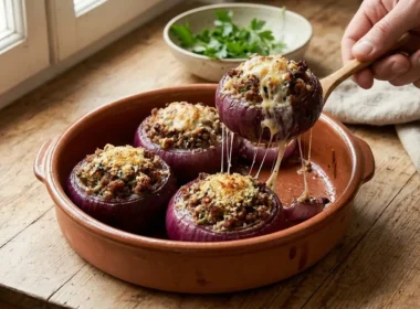 cipolle ripiene di carne macinata e formaggio filante