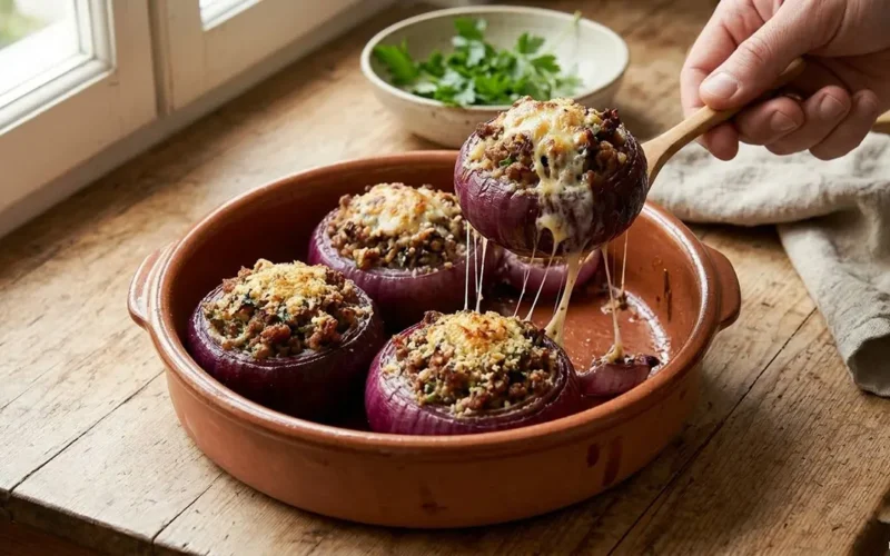cipolle ripiene di carne macinata e formaggio filante