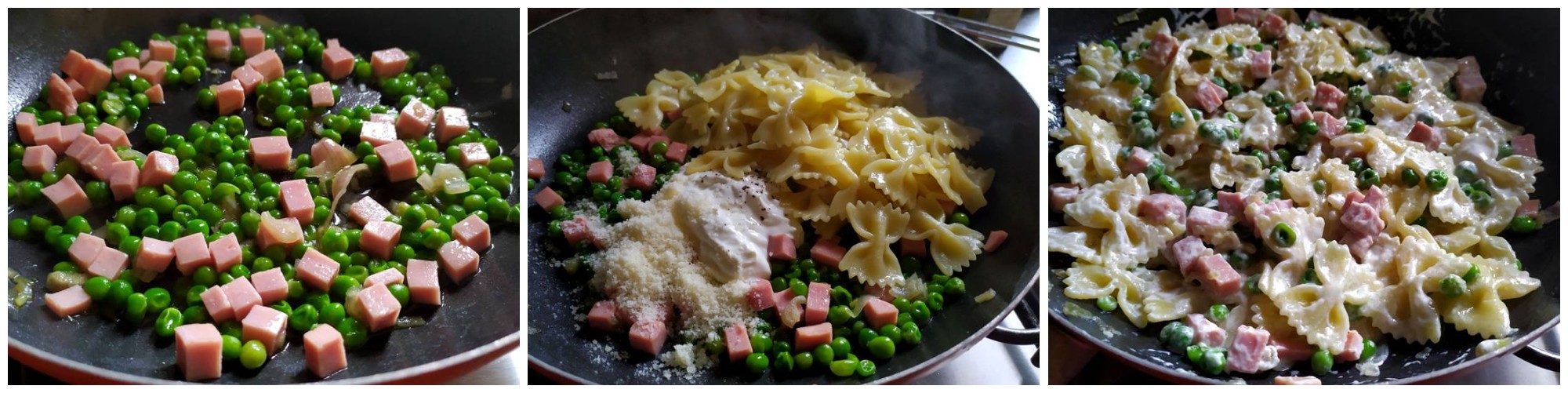 Farfalle alle tre P, con Panna Prosciutto e Piselli