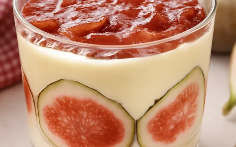 Tiramisù di fichi in bicchiere con crema al mascarpone e fettine di fichi freschi