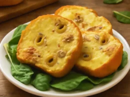 Polpettone di patate tonno e olive casalingo, tagliato a fette su piatto rustico