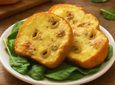 Polpettone di patate tonno e olive casalingo, tagliato a fette su piatto rustico