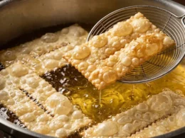 Chiacchiere di Carnevale in frittura nell'olio bollente, dorate e piene di bolle superficiali.
