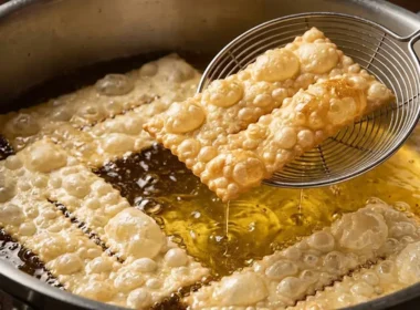 Chiacchiere di Carnevale in frittura nell'olio bollente, dorate e piene di bolle superficiali.