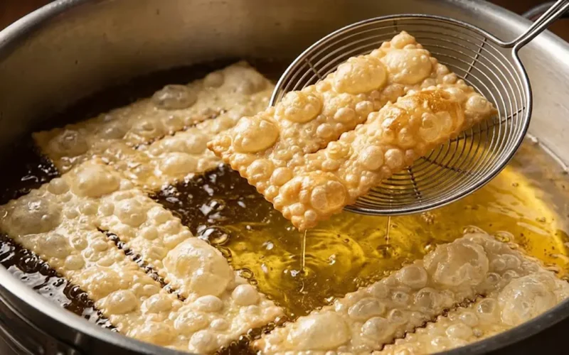 Chiacchiere di Carnevale in frittura nell'olio bollente, dorate e piene di bolle superficiali.