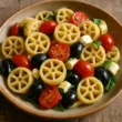 Insalata di pasta napoletana fatta in casa con verdure, provolone e olive nere