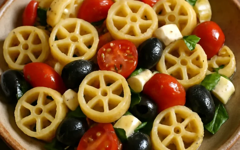 Insalata di pasta napoletana fatta in casa con verdure, provolone e olive nere