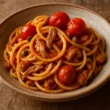 Spaghetti alla San giovannello fatti in casa con pomodorini, acciughe e capperi, ricetta tradizionale pugliese