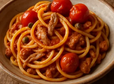 Spaghetti alla San giovannello fatti in casa con pomodorini, acciughe e capperi, ricetta tradizionale pugliese