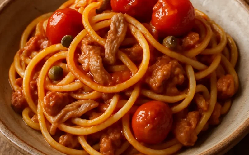Spaghetti alla San giovannello fatti in casa con pomodorini, acciughe e capperi, ricetta tradizionale pugliese