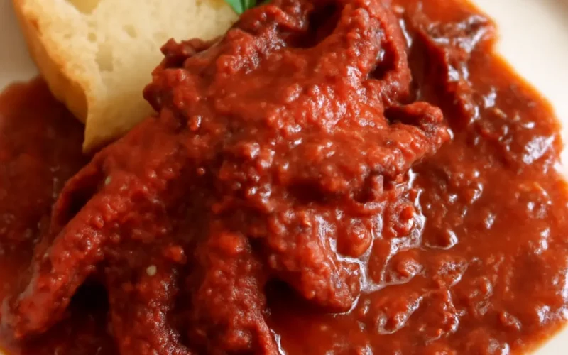 Polpo alla Luciana con sugo di pomodorini, olive e capperi servito in piatto con pane tostato
