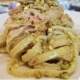pasta salmone fresco, pesto di pistacchi, pomodori secchi