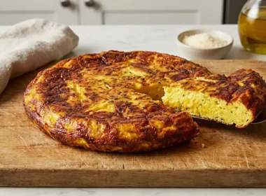 frittata alta e soffice su un tagliere di legno