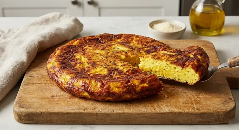 frittata alta e soffice su un tagliere di legno
