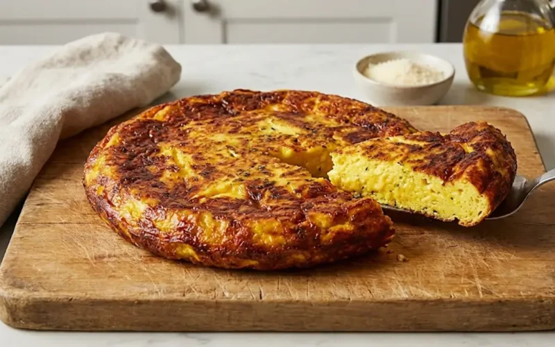 frittata alta e soffice su un tagliere di legno