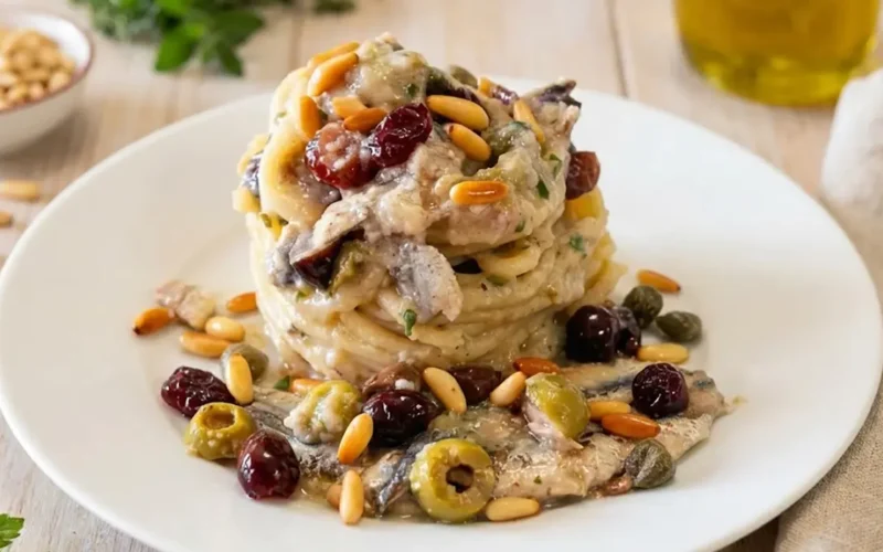 spaghetti allo scammaro col pesto napoletano