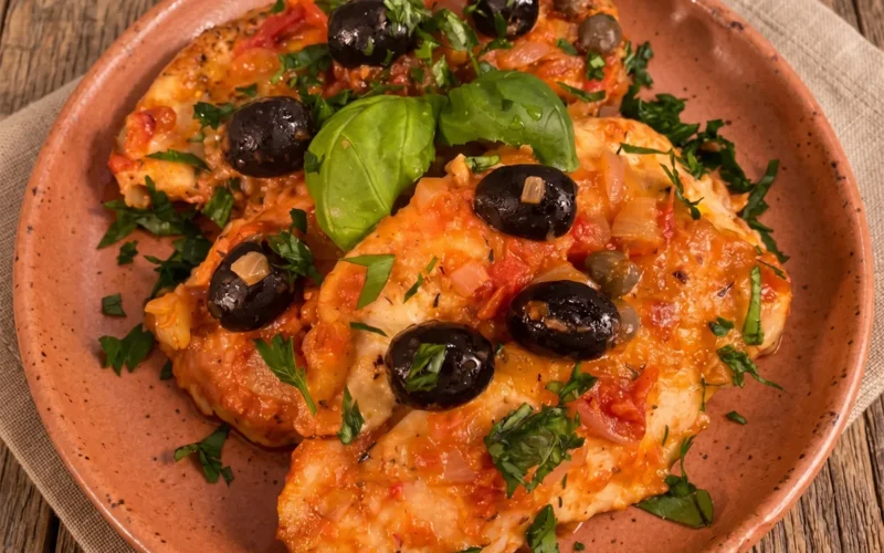 Petti di pollo alla mediterranea con sugo di pomodoro, olive nere fresche, capperi e foglie di basilico serviti su un piatto di terracotta.