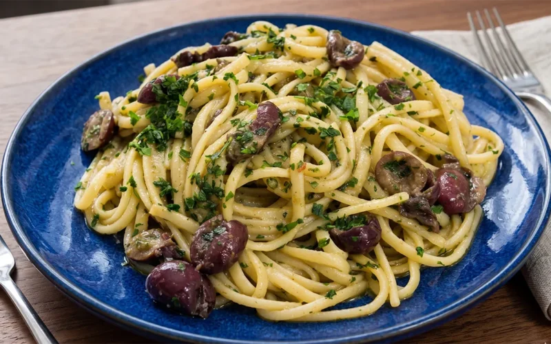 Un piatto in ceramica blu con spaghetti alla Cicerenella conditi con olive nere, burro, limone e prezzemolo fresco tritato, appoggiato su un tavolo di legno