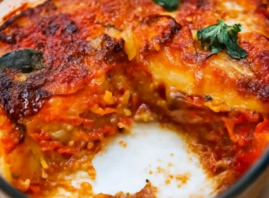 Parmigiana di patate rossa fatta in casa con mozzarella, pomodoro e parmigiano, cotta al forno.