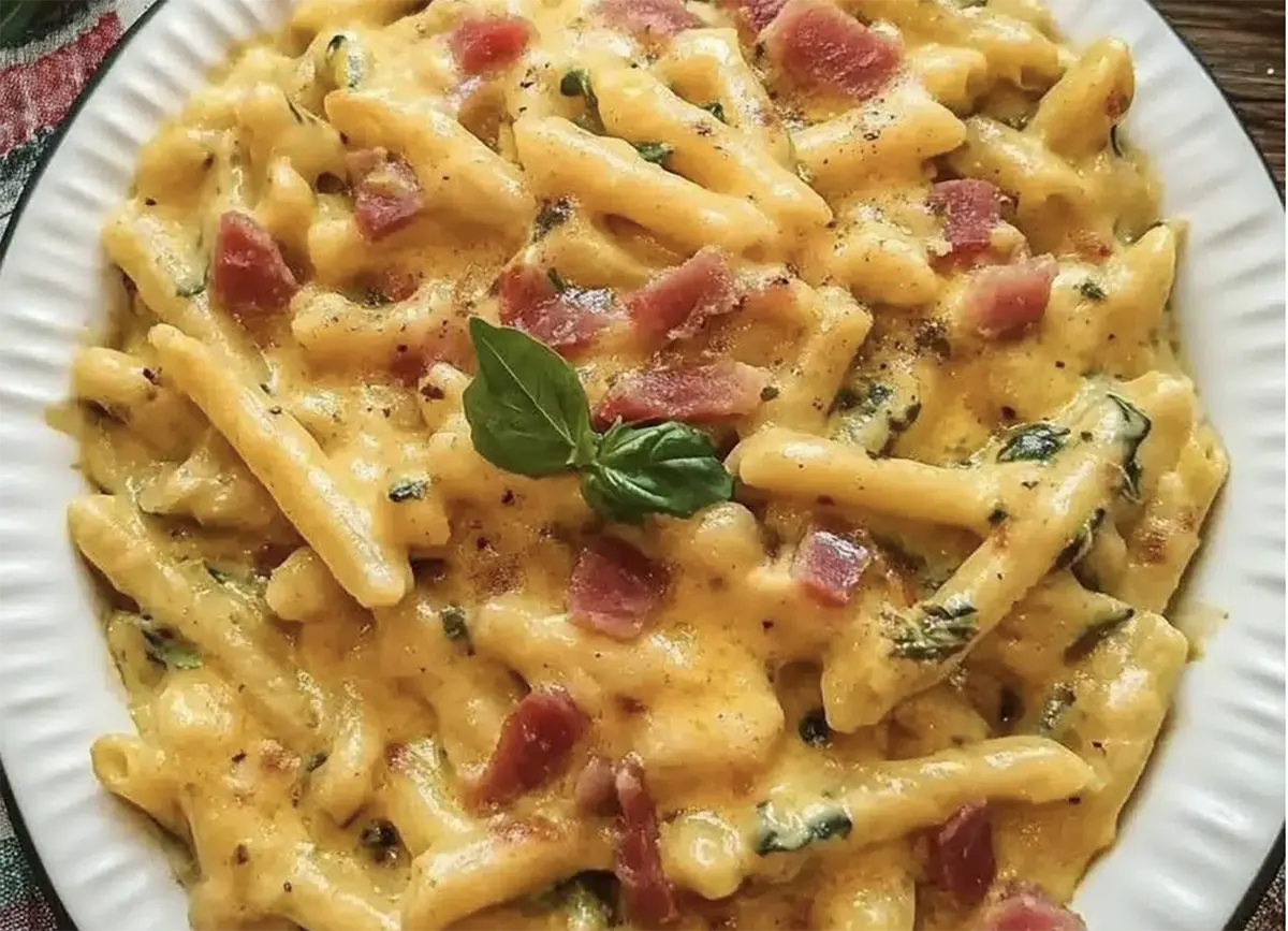 caserecce zucchine speck e crema di pomodorini