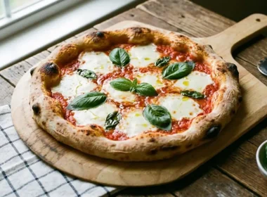 pizza margherita fatta in casa su tagliere