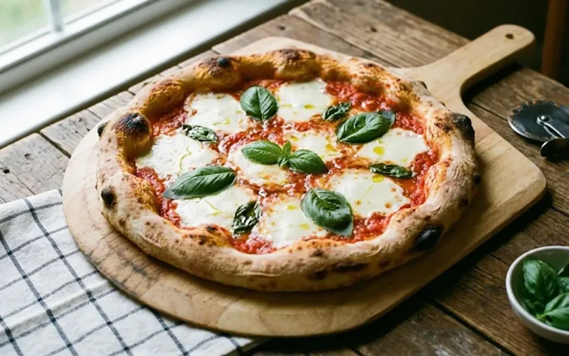 pizza margherita fatta in casa su tagliere