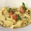 pasta patate provola e tartarre di scampi